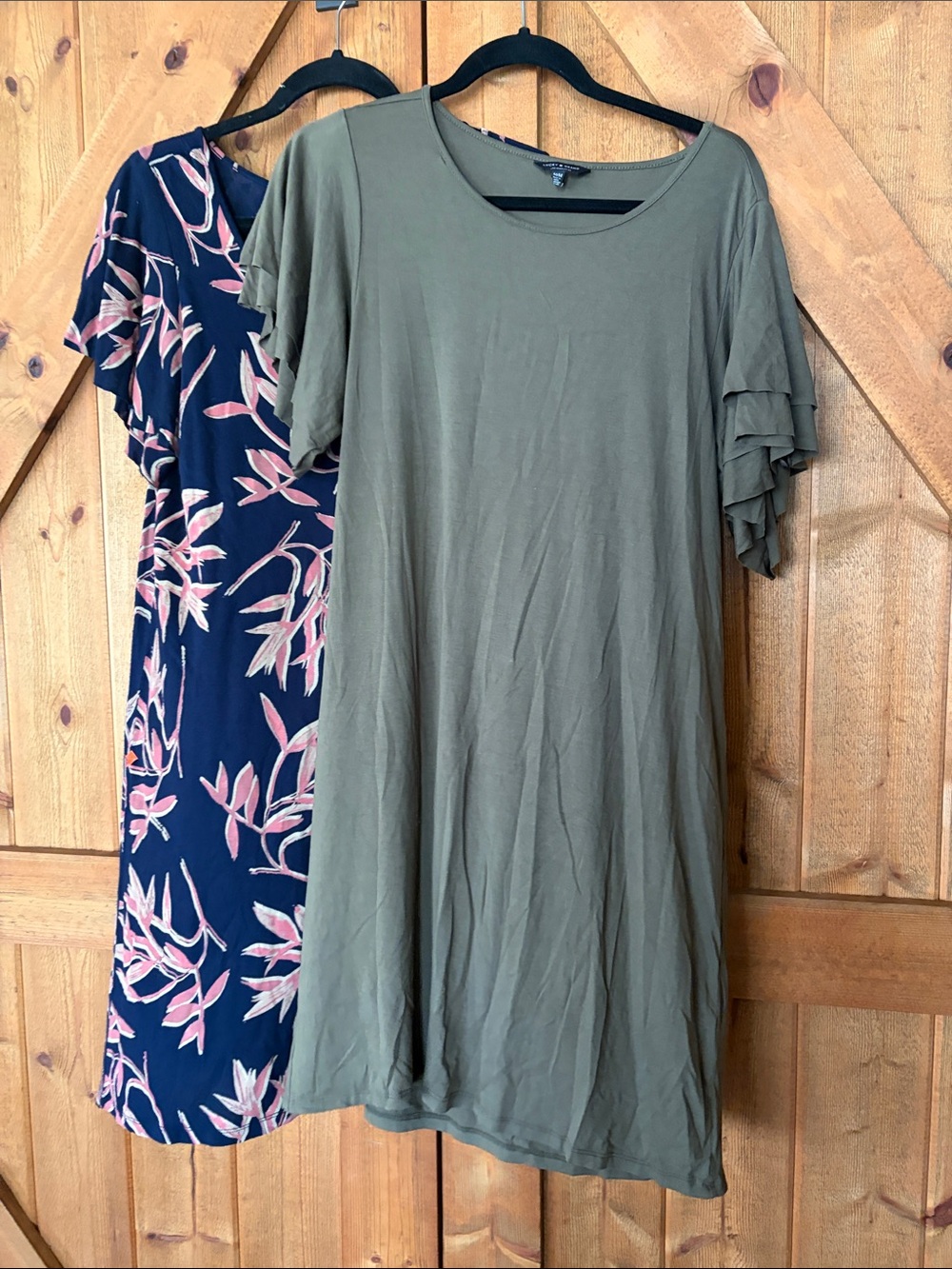 Lucky Brand Navy Midi Dress with Pink Leaf Print; Olive Green